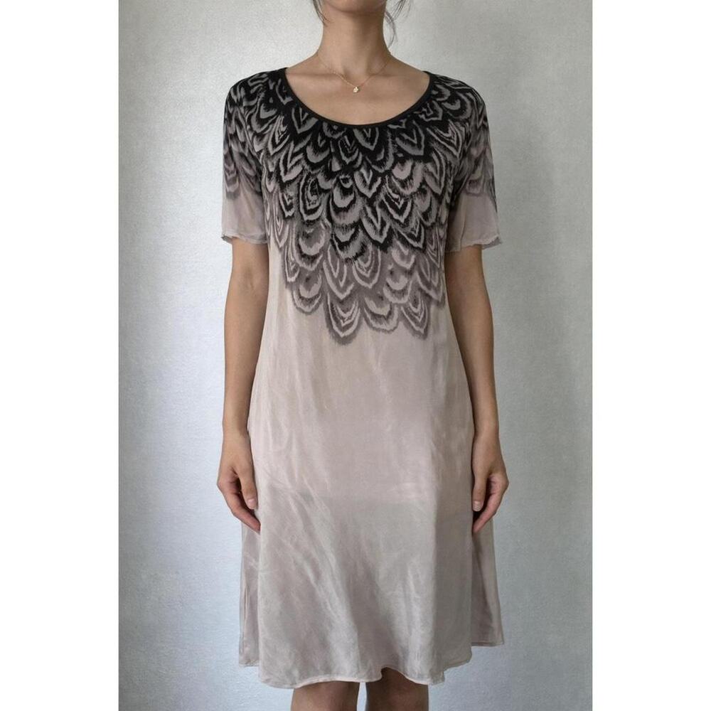 VTG BCBGMAXAZRIA 100% Liquid Silk Feather Print Luxury Midi Slip Dress Size S